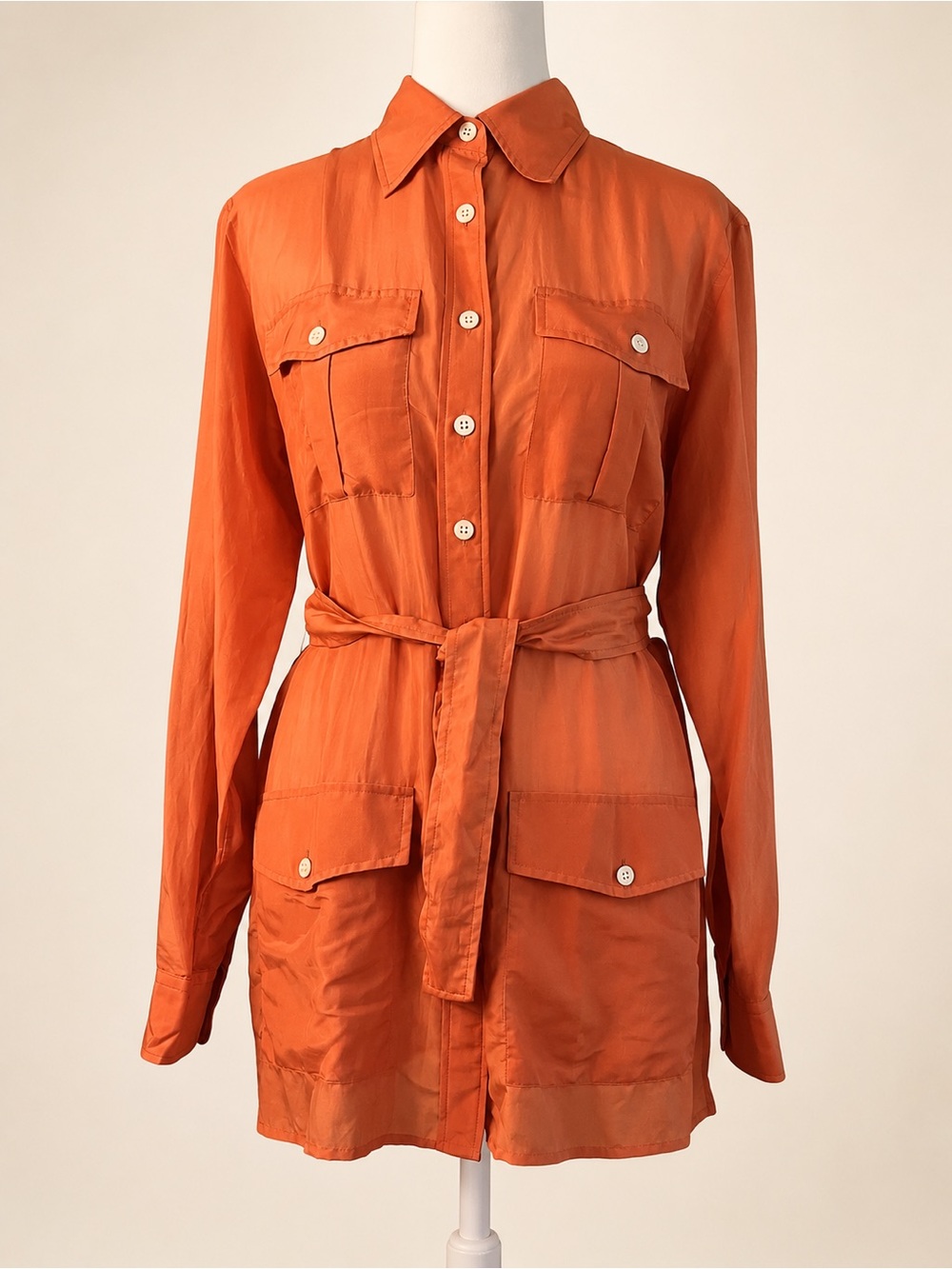 Ralph Lauren | Salmon-Coral | Cotton Silk Blend Semi-Sheer Safari Tunic | Small
